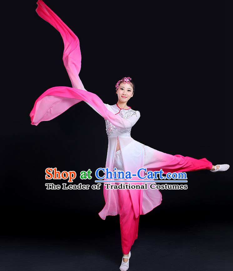 Traditional Chinese Yangge Fan Dancing Costume, Folk Dance Yangko Gradient Water Sleeve Paillette Uniforms, Classic Umbrella Dance Elegant Dress Drum Dance Clothing for Women