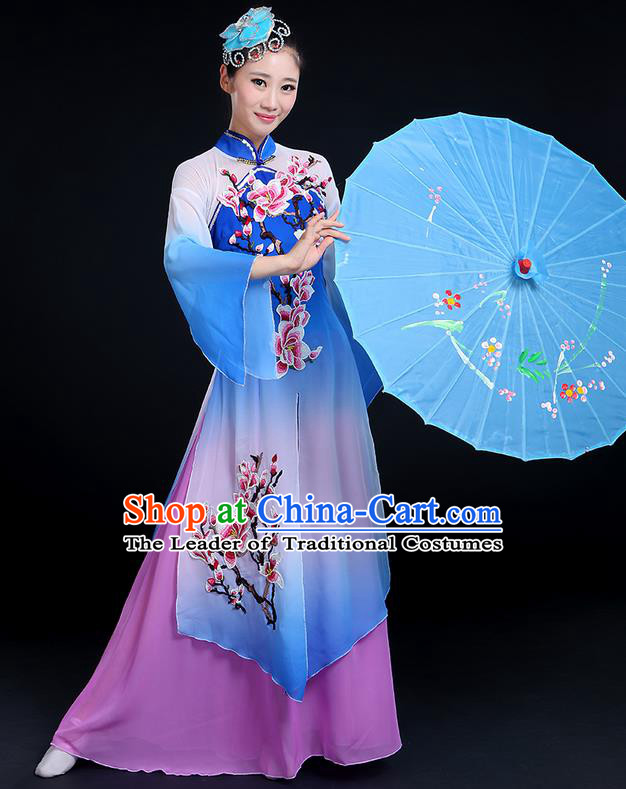 Traditional Chinese Yangge Fan Dancing Costume, Folk Dance Yangko Gradient Water Sleeve Embroider Plum Blossom Uniforms, Classic Umbrella Dance Elegant Dress Drum Dance Blue Clothing for Women