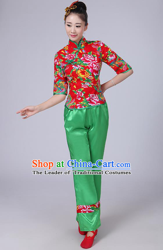 Traditional Chinese Yangge Fan Dancing Costume, Folk Dance Yangko Mandarin Collar Peony Blouse and Pants Uniforms, Classic Dance Elegant Dress Drum Dance Clothing for Women