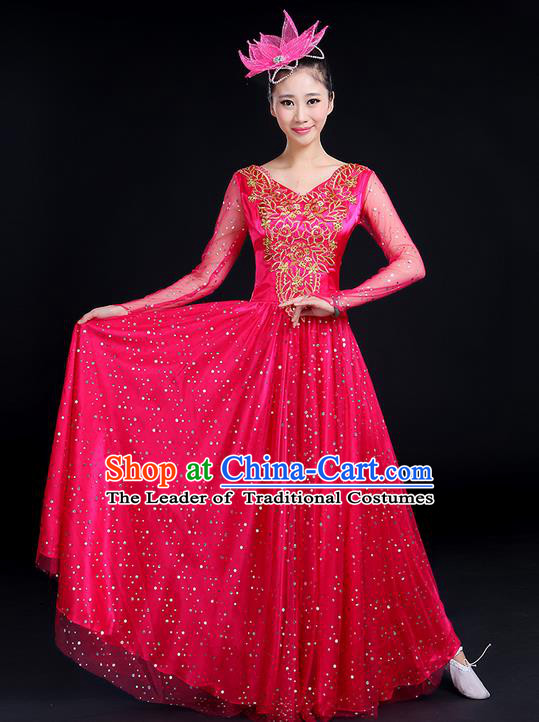 Traditional Chinese Modern Dancing Compere Costume, Women Opening Classic Dance Chorus Singing Group Bubble Gilding Uniforms, Modern Dance Classic Dance Big Swing Pink Long Dress for Women