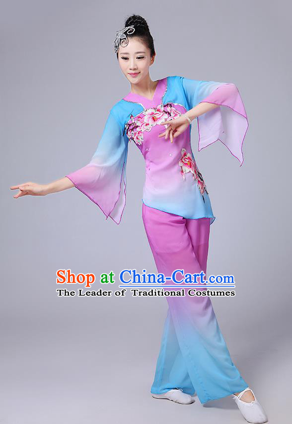 Traditional Chinese Yangge Fan Dancing Costume, Folk Dance Yangko Mandarin Sleeve Blouse and Pants Uniforms, Classic Dance Elegant Dress Drum Dance Pink Clothing for Women