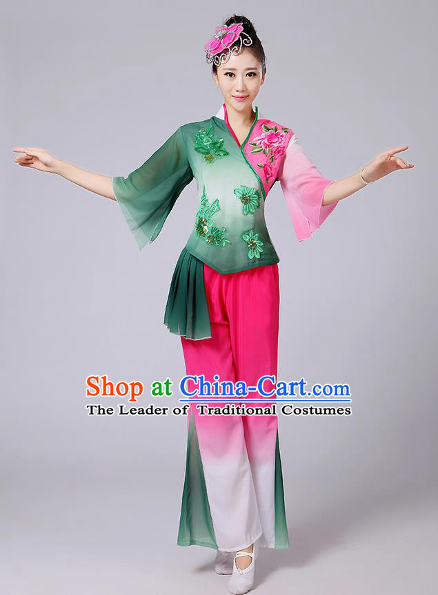 Traditional Chinese Yangge Fan Dancing Costume, Folk Dance Yangko Mandarin Sleeve Blouse and Pants Uniforms, Classic Dance Elegant Dress Drum Dance Pink Clothing for Women