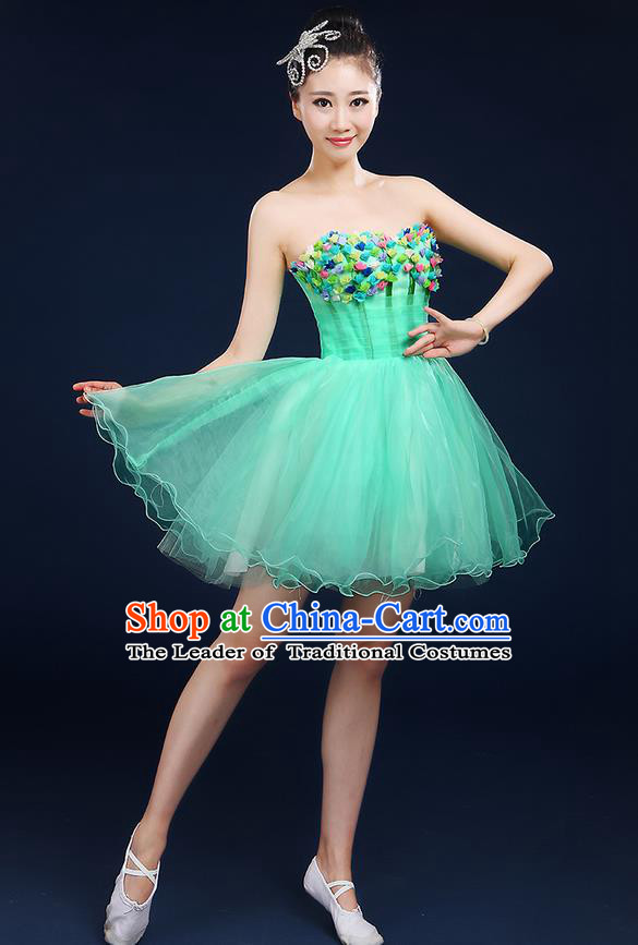 Traditional Chinese Modern Dancing Compere Costume, Women Opening Classic Dance Chorus Singing Group Bubble Tee Dress Uniforms, Modern Dance Classic Dance Big Swing Green Short Dress for Women