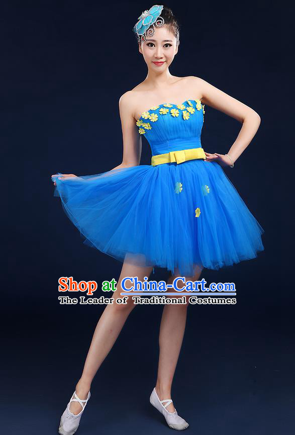 Traditional Chinese Modern Dancing Compere Costume, Women Opening Classic Dance Chorus Singing Group Bubble Tee Dress Uniforms, Modern Dance Classic Dance Big Swing Blue Short Dress for Women