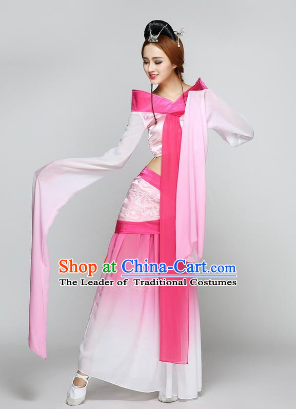 Traditional Chinese Ancient Yangge Fan Dancing Costume, Folk Dance Long Water Sleeve Uniforms, Classic Flying Dance Elegant Fairy Dress Drum Palace Lady Dance Pink Clothing for Women