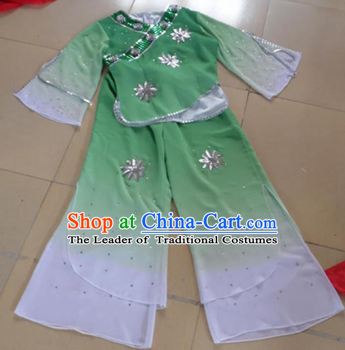 Traditional Chinese Yangge Fan Dancing Costume, Children Folk Dance Yangko Blouse and Pants Uniforms, Classic Lotus Dance Elegant Dress Drum Dance Green Clothing for Kids