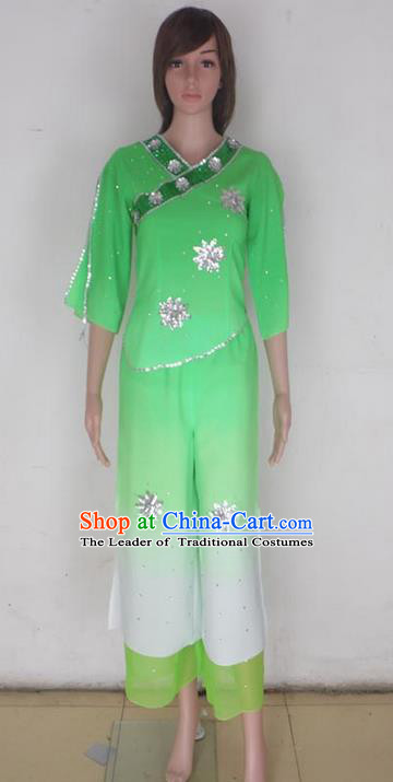 Traditional Chinese Yangge Fan Dancing Costume, Folk Dance Yangko Blouse and Pants Uniforms, Classic Lotus Dance Elegant Dress Drum Dance Green Clothing for Women