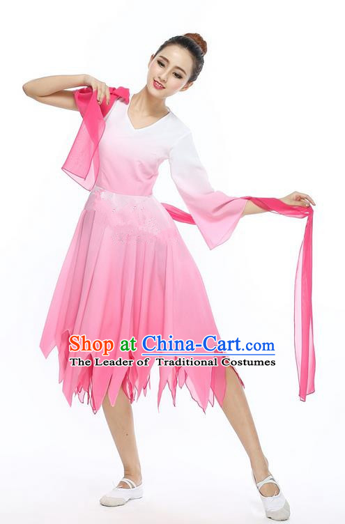 Traditional Chinese Yangge Fan Dancing Costume, Folk Dance Yangko Uniforms, Classic Jasmine Flower Dance Big Swing Pink Dress Elegant Drum Dance Clothing for Women