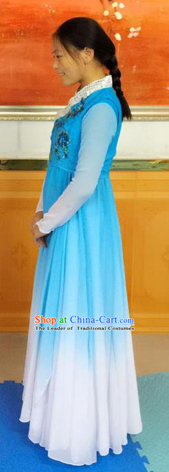 Traditional Chinese Yangge Fan Dancing Costume, Folk Dance Yangko Uniforms, Classic Umbrella Lotus Dance Elegant Dress Drum Dance Blue Clothing for Women