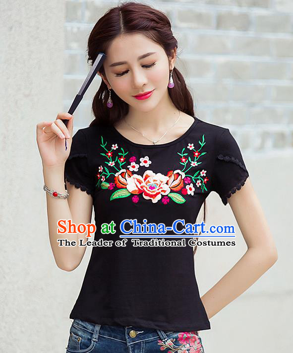 Traditional Ancient Chinese National Costume, Elegant Hanfu Short Sleeve T-Shirt, China Tang Suit Embroidered Peony Black Blouse Cheongsam Upper Outer Garment Shirts Clothing for Women