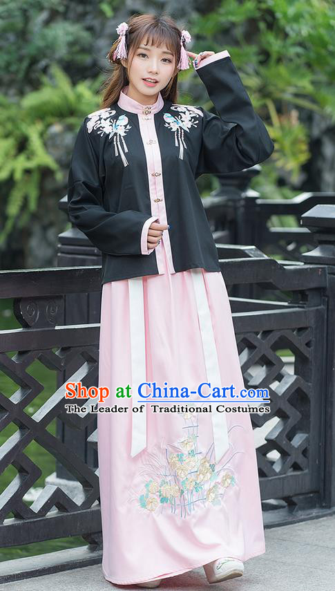 Traditional Ancient Chinese Costume, Elegant Hanfu Clothing Embroidered Birds Stand Collar Blouse and Dress, China Ming Dynasty Elegant Blouse and Ru Skirt Complete Set for Women