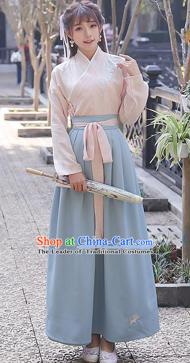 Traditional Ancient Chinese Costume, Elegant Hanfu Clothing Embroidered Slant Opening Blouse and Dress, China Ming Dynasty Princess Elegant Blouse and Ru Skirt Complete Set for Women