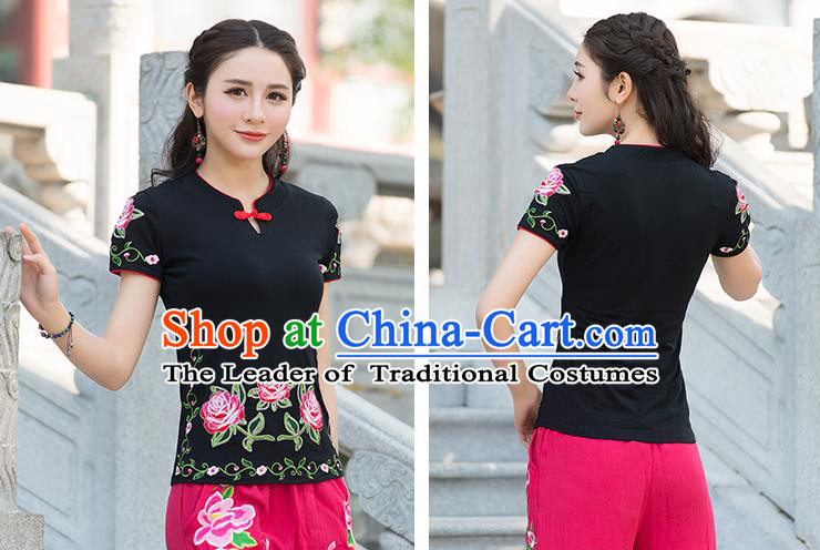 Traditional Chinese National Costume, Elegant Hanfu Embroidery Flowers Black T-Shirt, China Tang Suit Republic of China Plated Buttons Blouse Cheongsam Upper Outer Garment Qipao Shirts Clothing for Women
