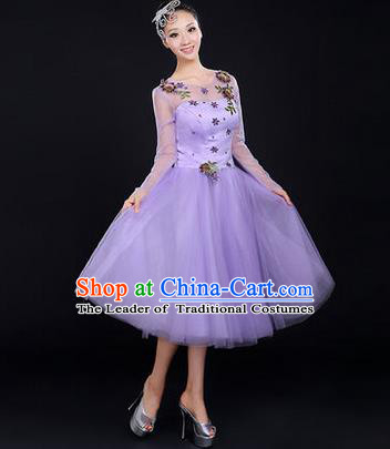 Traditional Chinese Modern Dancing Costume, Women Opening Dance Costume, Modern Dance Purple Bubble Dress for Women