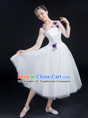 Traditional Chinese Modern Dancing Costume, Women Opening Classic Stage Performance Chorus Singing Group Dance Costume, Modern Dance White Bubble Dress for Women