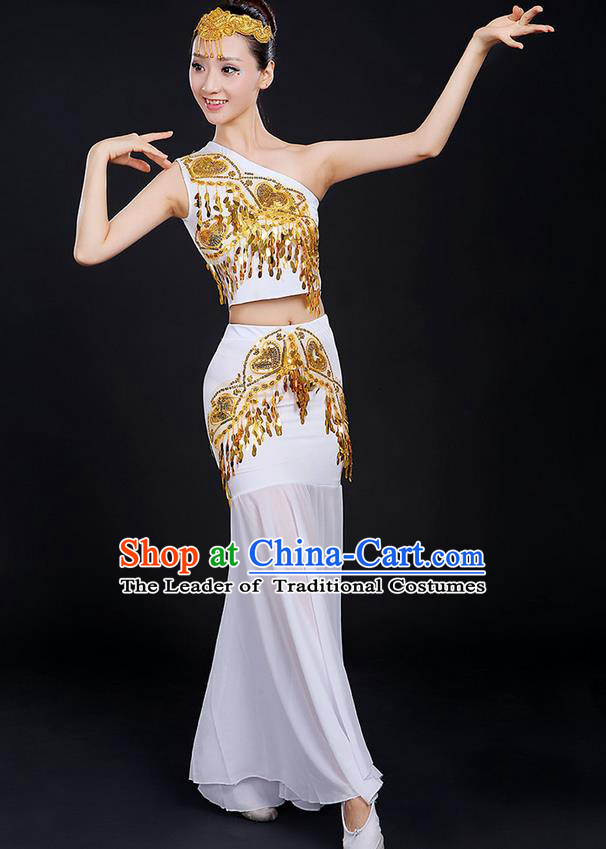 Traditional Chinese Dai Nationality Peacock Dancing Costume, Folk Dance Ethnic Paillette Dress, Chinese Minority Nationality Classic Dance White Costume for Women