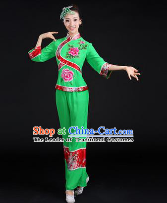 Traditional Chinese Yangge Fan Dancing Costume, Folk Dance Yangko Peony Uniforms, Classic Dance Dress Drum Dance Green Clothing for Women