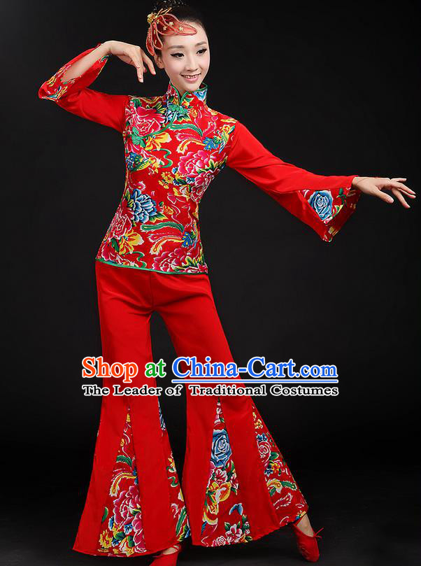 Traditional Chinese Yangge Fan Dancing Costume, Folk Dance Yangko Peony Uniforms, Classic Dance Dress Drum Dance Red Clothing for Women