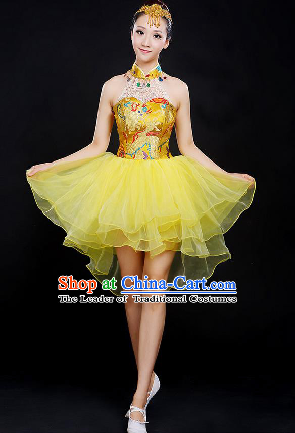 Traditional Chinese Modern Dancing Compere Costume, Women Opening Classic Chorus Singing Group Dance Dragon Uniforms, Modern Dance Classic Dance Yellow Cheongsam Dress for Women