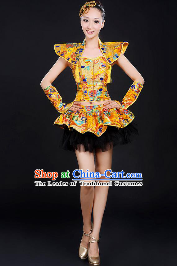 Traditional Chinese Modern Dancing Compere Costume, Women Opening Classic Chorus Singing Group Dance Dragon Uniforms, Modern Dance Classic Dance Bubble Cheongsam Dress for Women