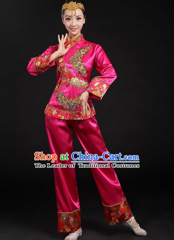 Traditional Chinese Yangge Fan Dancing Costume, Folk Dance Yangko Uniforms, Classic Umbrella Dance Elegant Dress Drum Dance Pink Paillette Phoenix Clothing for Women