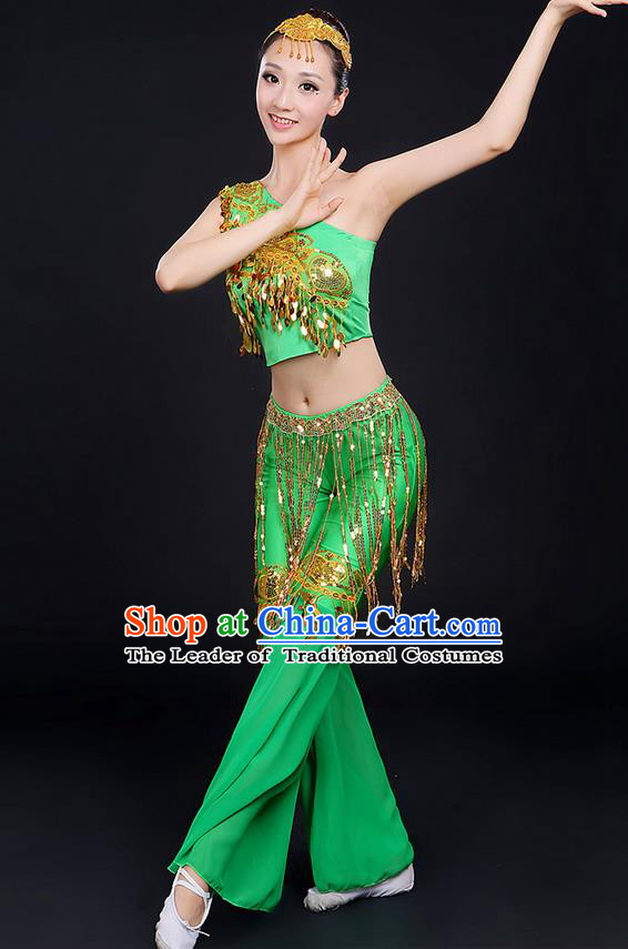 Traditional Chinese Dai Nationality Peacock Dancing Costume, Folk Dance Ethnic Paillette Dress Uniform, Chinese Minority Nationality Dancing Green Clothing for Women