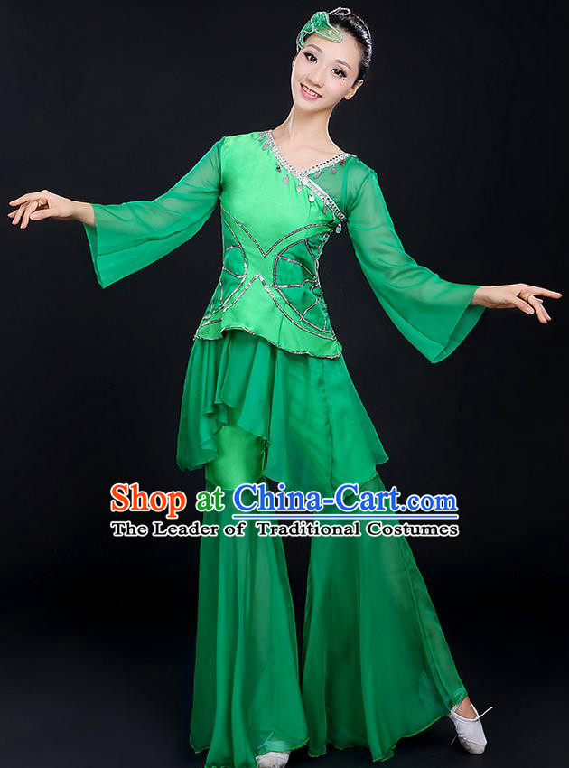 Traditional Chinese Yangge Fan Dancing Costume, Folk Dance Yangko Uniforms, Classic Lotus Dance Elegant Dress Drum Dance Paillette Green Clothing for Women