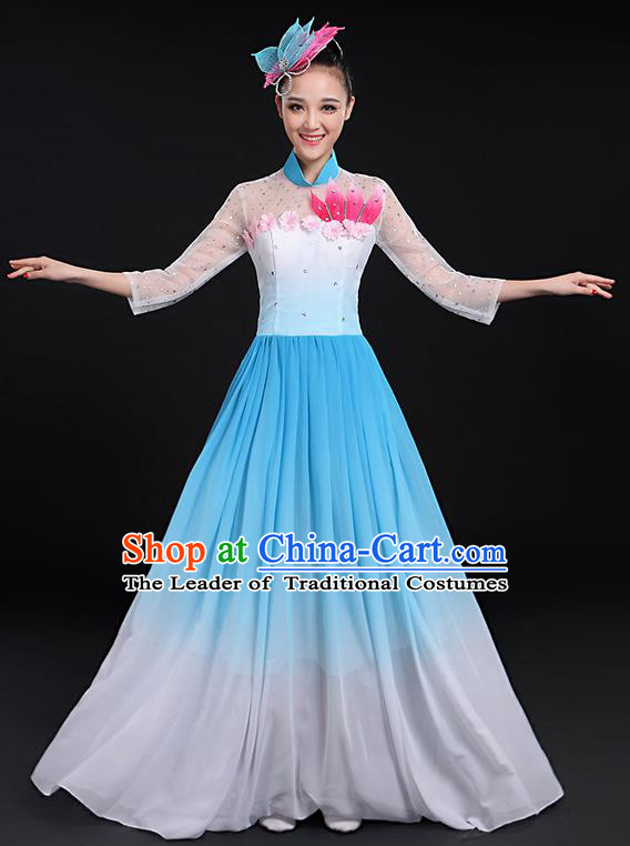 Traditional Chinese Modern Dancing Compere Costume, Women Opening Classic Chorus Singing Group Dance Big Swing Uniforms, Modern Dance Long Blue Flowers Dress for Women