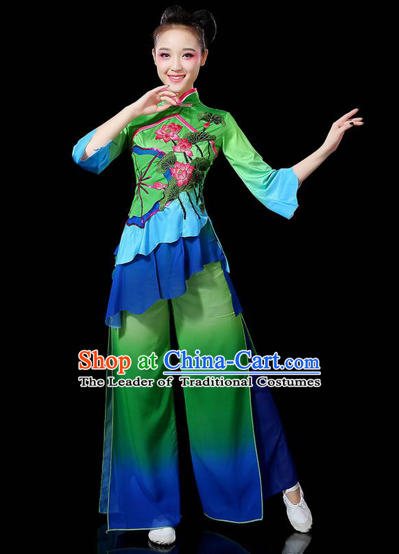 Traditional Chinese Yangge Fan Dancing Costume, Folk Dance Yangko Uniforms, Classic Lotus Dance Elegant Dress Drum Dance Green Clothing for Women