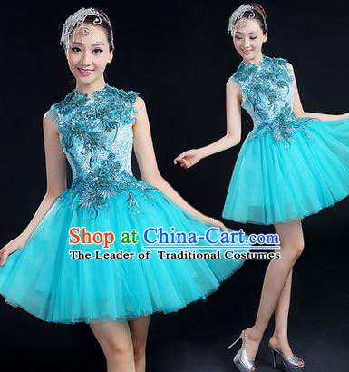 Traditional Chinese Modern Dancing Compere Costume, Women Opening Classic Chorus Singing Group Dance Paillette Uniforms, Modern Dance Bubble Short Blue Dress for Women