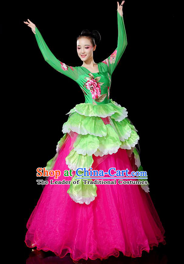 Traditional Chinese Modern Dancing Compere Costume, Women Opening Classic Chorus Singing Group Dance Bubble Peony Uniforms, Modern Dance Classic Dance Big Swing Dress for Women