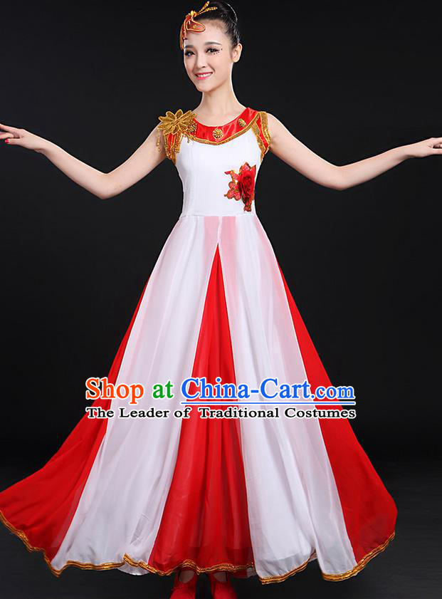 Traditional Chinese Style Modern Dancing Compere Costume, Women Opening Classic Chorus Singing Group Dance Bubble Uniforms, Modern Dance Classic Dance Big Swing Dress for Women