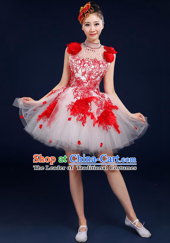 Traditional Chinese Style Modern Dancing Compere Costume, Women Opening Classic Chorus Singing Group Dance Big Swing Uniforms, Modern Dance Classic Dance Red Bubble Dress for Women