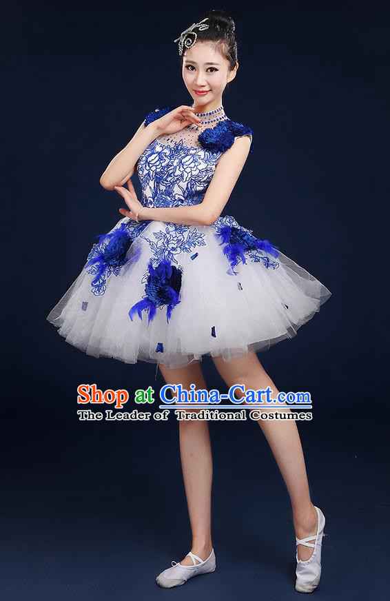 Traditional Chinese Style Modern Dancing Compere Costume, Women Opening Classic Chorus Singing Group Dance Big Swing Uniforms, Modern Dance Classic Dance Blue Bubble Dress for Women