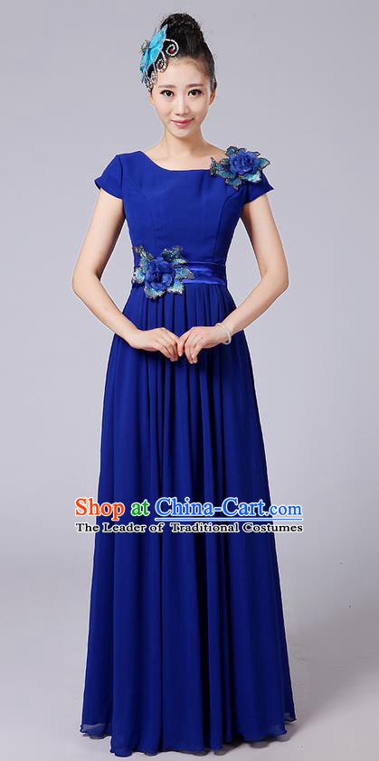 Traditional Chinese Modern Dancing Compere Costume, Women Opening Classic Chorus Singing Group Dance Uniforms, Modern Dance Classic Dance Big Swing Long Blue Full Dress for Women