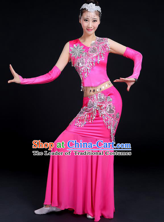 Traditional Chinese Dai Nationality Peacock Dancing Costume, Folk Dance Ethnic Paillette Tassel Fishtail Dress Palace Princess Uniform, Chinese Minority Nationality Dancing Pink Clothing for Women