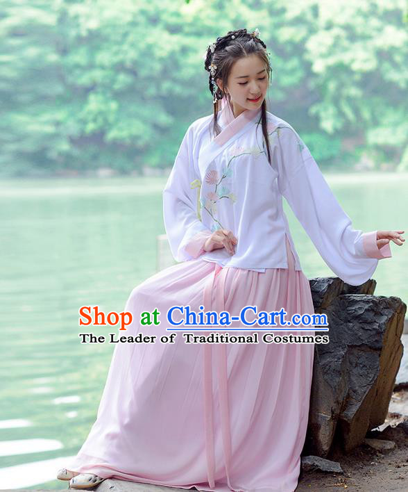 Traditional Ancient Chinese Young Lady Costume Embroidered Blouse and Slip Skirt Complete Set, Elegant Hanfu Suits Clothing Chinese Ming Dynasty Imperial Princess Dress Clothing for Women