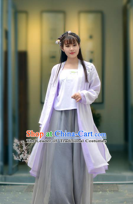 Traditional Ancient Chinese Young Lady Costume Embroidered Purple Cardigan Blouse Boob Tube Top and Slip Skirt Complete Set, Elegant Hanfu Suits Clothing Chinese Song Dynasty Imperial Princess Dress Clothing for Women