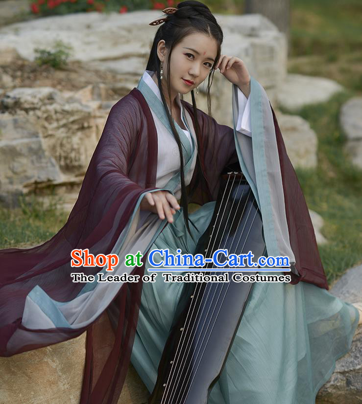 Traditional Ancient Chinese Elegant Costume Wide Sleeve Cardigan Slant Opening Blouse and Slip Skirt Complete Set, Elegant Hanfu Clothing Chinese Jin Dynasty Imperial Princess Clothing for Women