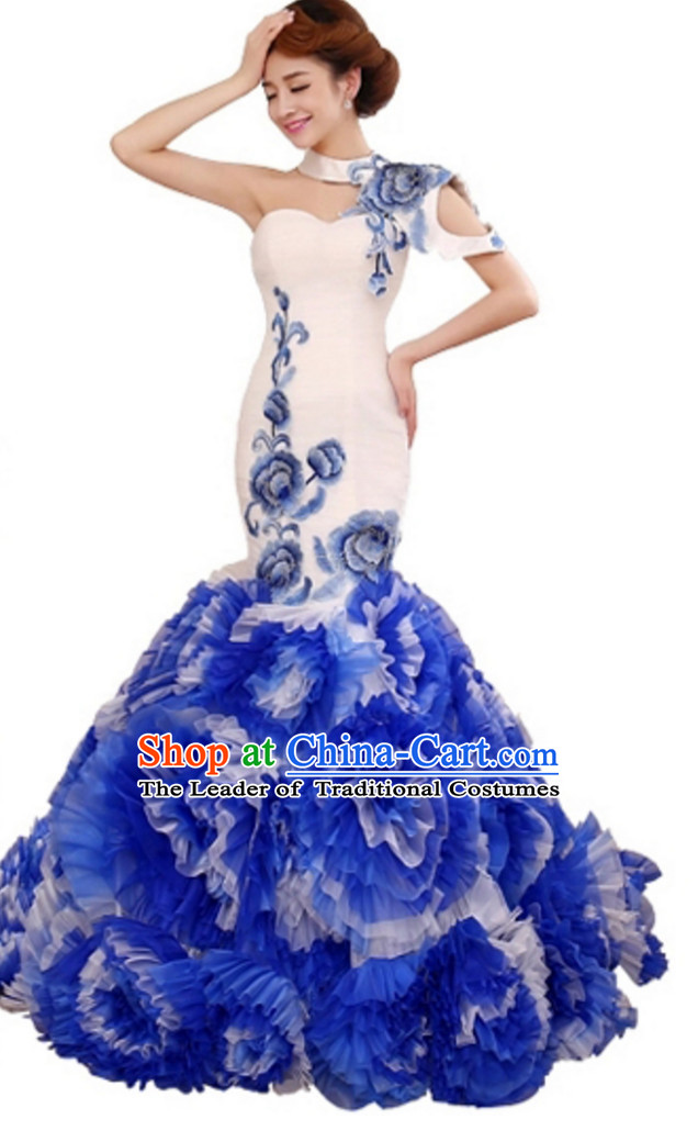 Top Stunning Beautiful Chinese Elegant Classical Cultural Blue White Long Trail Evening Dress Wedding Dress