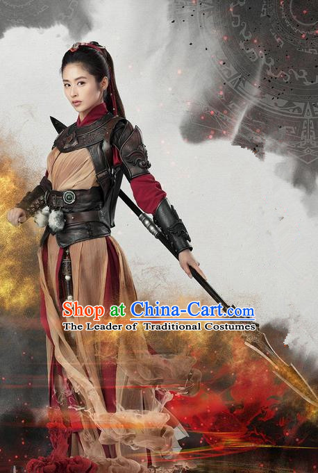 Traditional Ancient Chinese Swordswoman Armour Costume, Chinese Ming Dynasty Chivalrous Heroine Battle Suit, Cosplay Chinese Television Swords of Legends Hanfu Clothing for Women