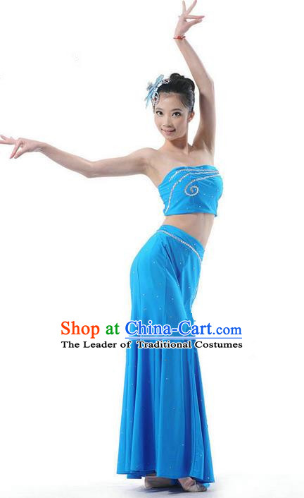 Traditional Chinese Dai Nationality Peacock Dancing Costume, Folk Dance Ethnic Costume, Chinese Minority Nationality Dancing Blue Dress for Women