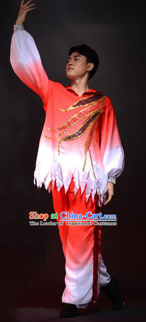 Traditional Chinese Classical Dance Yangge Lion Dance Costume, Folk Dance Drum Dance Uniform Yangko Red Clothing Complete Set for Men