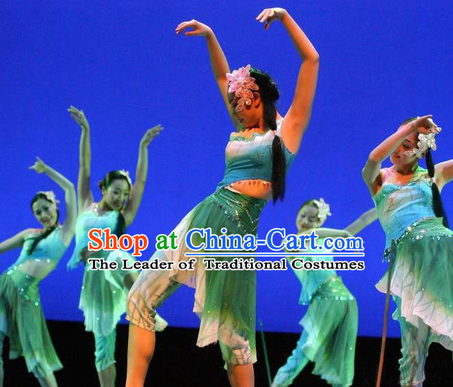 Traditional Chinese Classical Dance Fan Dancing Umbrella Dance Costume, Folk Dance Drum Dance Uniform Yangko Green Clothing Complete Set for Women