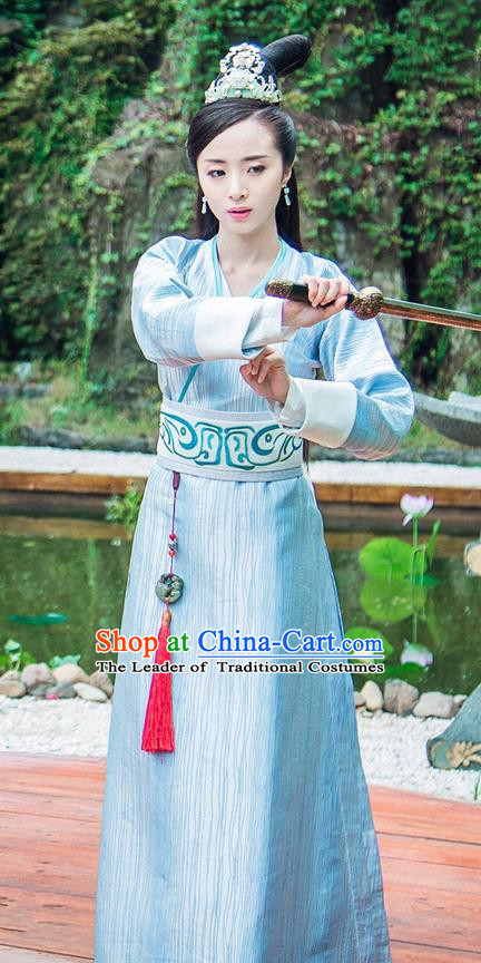 Traditional Chinese Ancient Swordswoman Dress Costume, Chinese Northern and Southern Dynasties Television Tokgo World Heroine Hanfu Clothing and Headpiece Complete Set for Women