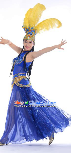 Chinese Classic Stage Performance Chorus Singing Group Dance Costume and Headwear, Opening Dance Samba Dance Dress for Women