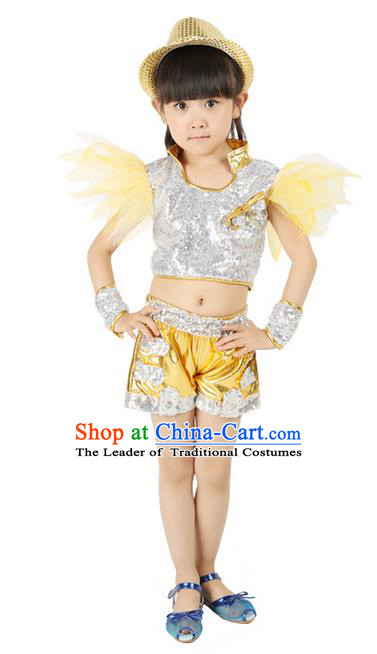 Chinese Modern Dance Costume, Children Opening Classic Chorus Uniforms, Jazz Dance Yellow Paillette Suit for Girls Kids