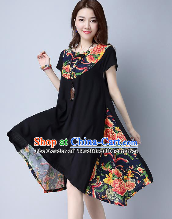 Traditional Ancient Chinese National Costume, Elegant Hanfu Mandarin Qipao Linen Peony Flowers Black Dress, China Tang Suit Chirpaur Republic of China Cheongsam Upper Outer Garment Elegant Dress Clothing for Women
