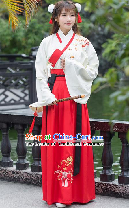 Traditional Ancient Chinese Costume, Elegant Hanfu Clothing Embroidered Slant Opening Blouse and Dress, China Han Dynasty Princess Elegant Blouse and Skirt Complete Set for Women