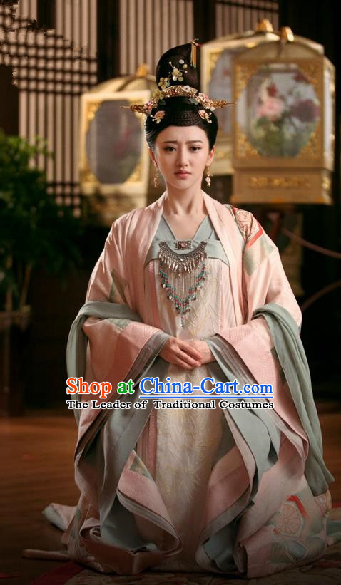 Traditional Chinese Ancient Imperial Concubine Costumes and Handmade Headpiece Complete Set, The Glory of Tang Dynasty Palace Lady Princess Trailing Dress Clothing for Women